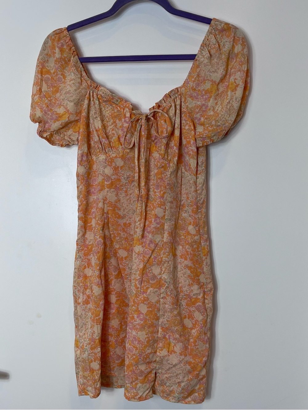 BP Ditsy Floral Puff-Sleeve Mini Dress‎ Peach Pink Orange Sweetheart Neck Medium